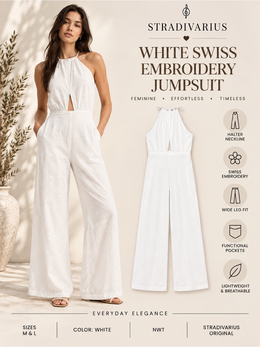 Stradivarius White Swiss Embroidery Halter Jumpsuit Wide Leg NWT Sizes M L